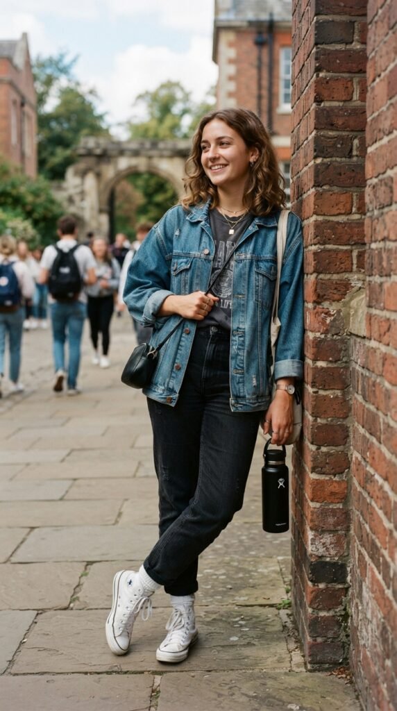 The Graphic Tee with Statement Denim Jacket Back to School Outfit