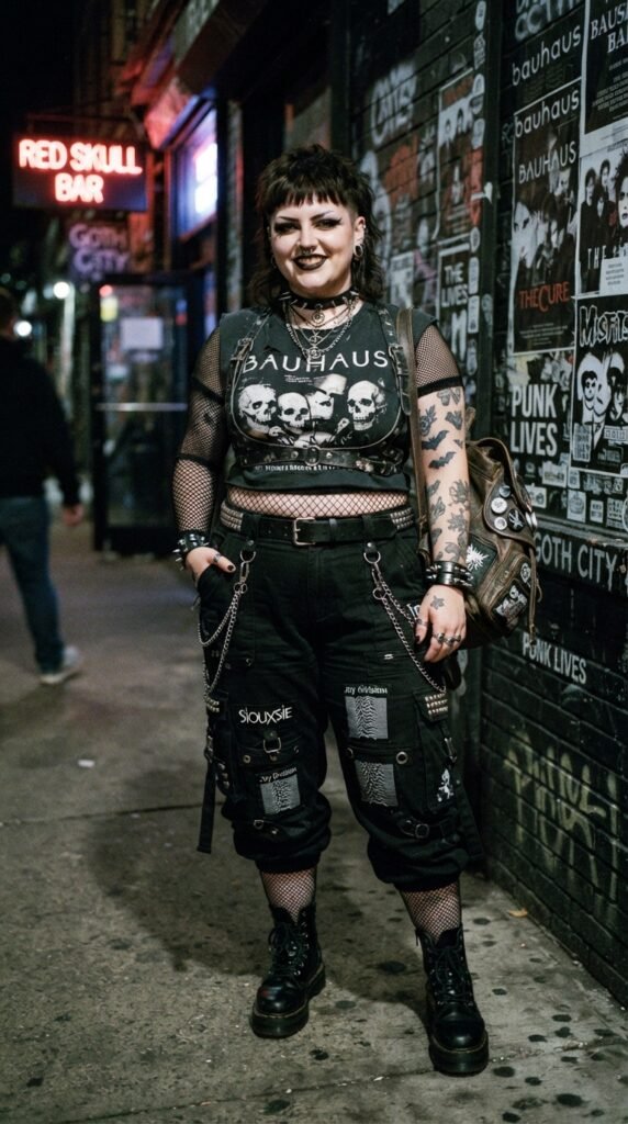Punk Rock Cargo Pants & Harness Top Chubby Goth Outfit Ideas