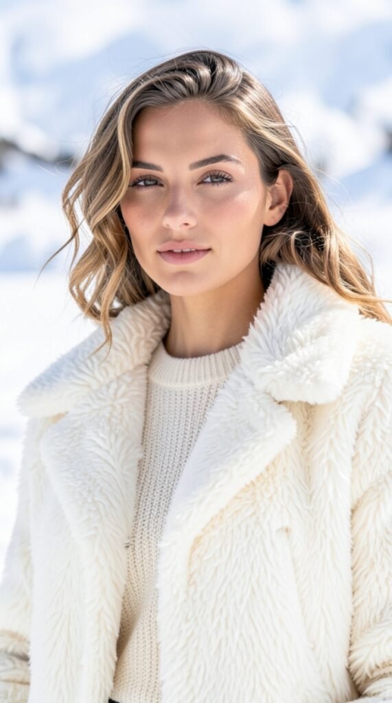 Snow White Monochromatic Shaggy Jacket Outfit Ideas