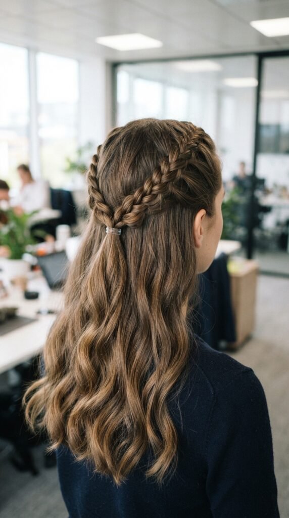 Crown Braided Half-Up Fall Office Hairstyles 2026 Professional Hair