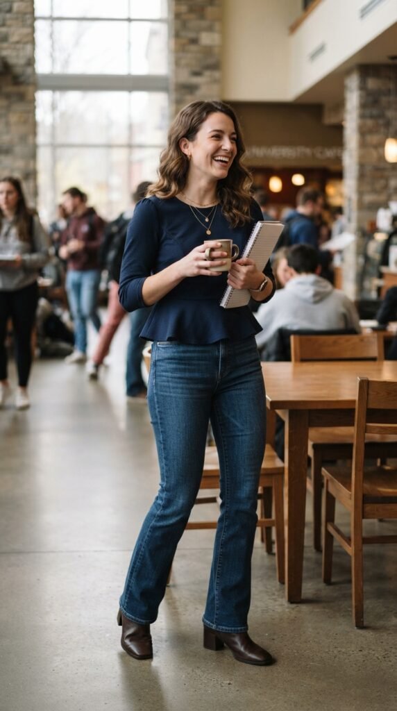 Dark Wash Bootcut Jeans and Peplum Top College Outfit