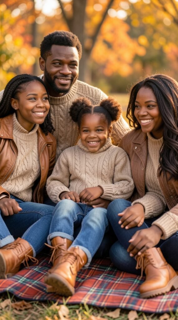 Cognac Leather and Oatmeal Knits Family Photo Outfits Fall Color Scheme