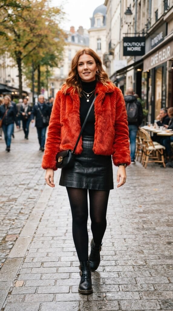 Fiery Red Faux Fur Jacket Outfit with Leather Mini Skirt