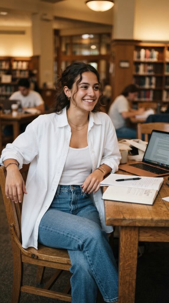 Down and Straight Denim College Outfit