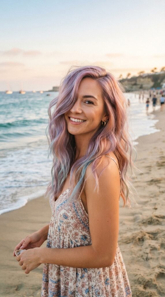 Soft Pastel Tinted Side Part Hairstyles Beach Waves