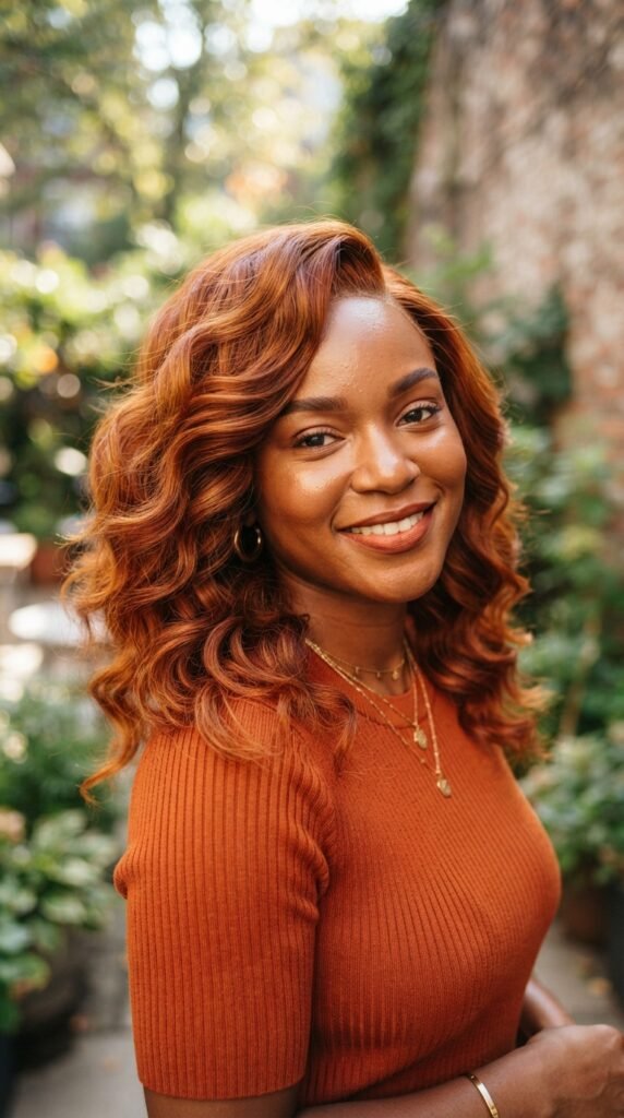 Copper Red Textured Waves Side Part Hairstyles Black Women Idea