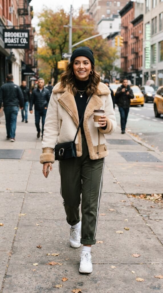 Casual Shearling-Trim Faux Fur Jacket Outfit with Track Pants
