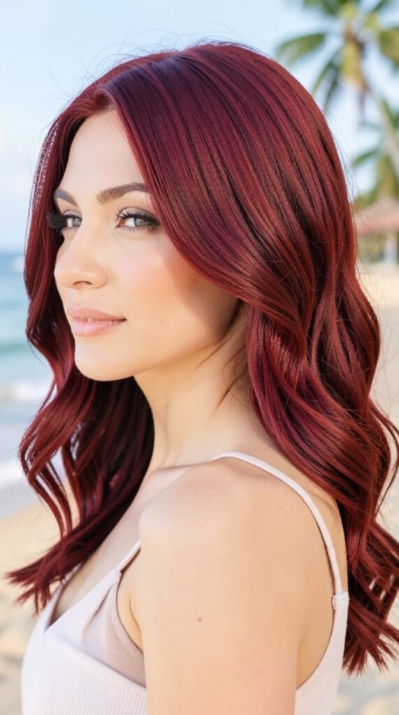 Deep Copper Side Part Hairstyles Beach Waves