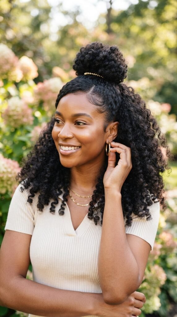 Half-Up Half-Down Curls Side Part Hairstyles Black Women Idea