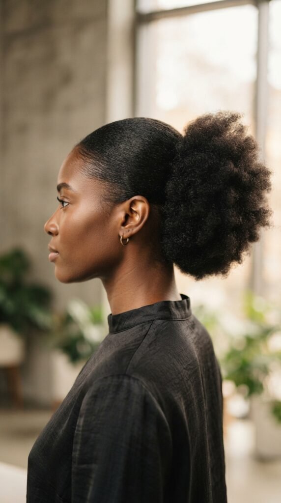 Low Sleek Afro Puff Hairstyle