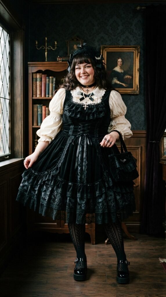 Goth Lolita Velvet Pinafore & Puff-Sleeve Blouse Chubby Goth Outfit Ideas