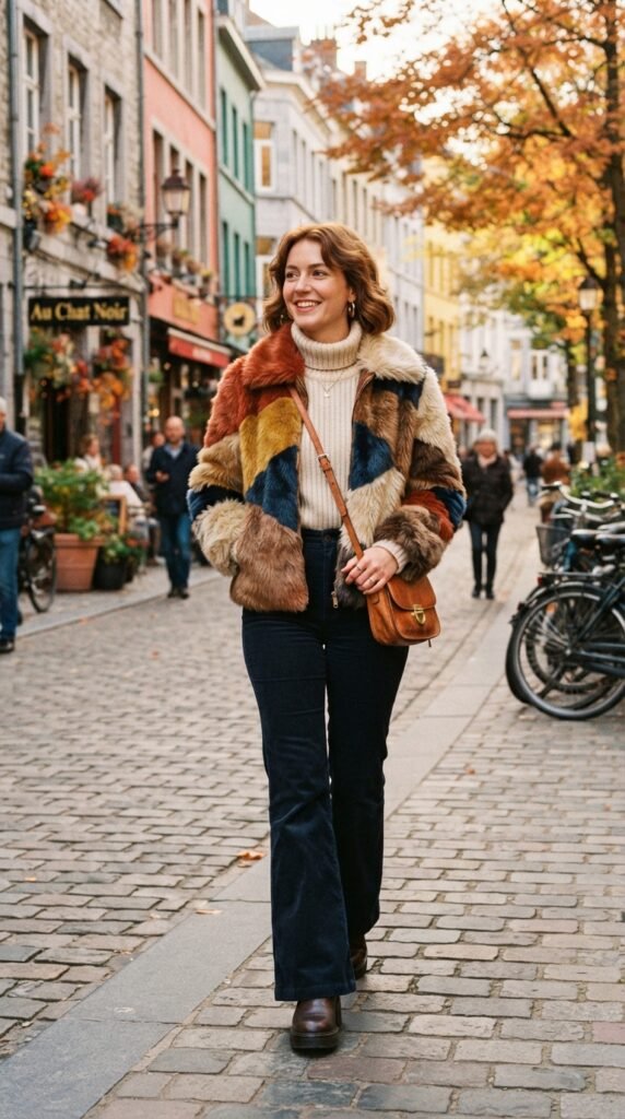 Retro Patchwork Faux Fur Jacket Outfit with Turtleneck