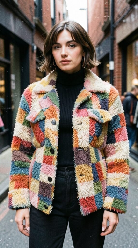 Retro Multi-Color Patchwork Shaggy Jacket Outfit Ideas Stylish Looks Hairstyle