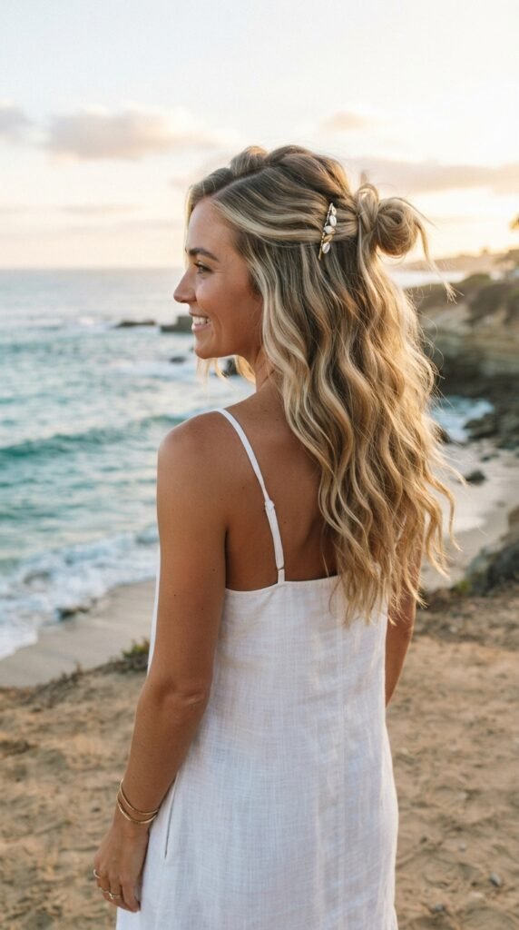 Half-Up Side Part Hairstyles Beach Waves