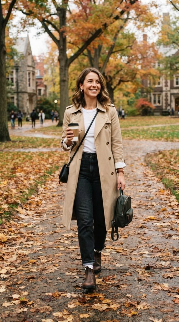 The Trench Coat and Fitted Tee Back to School Outfit
