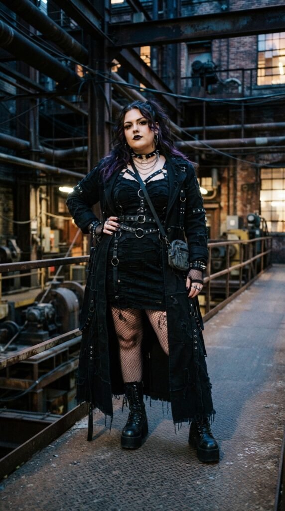 Industrial Strappy Mini Dress & Duster Coat Chubby Goth Outfit Ideas