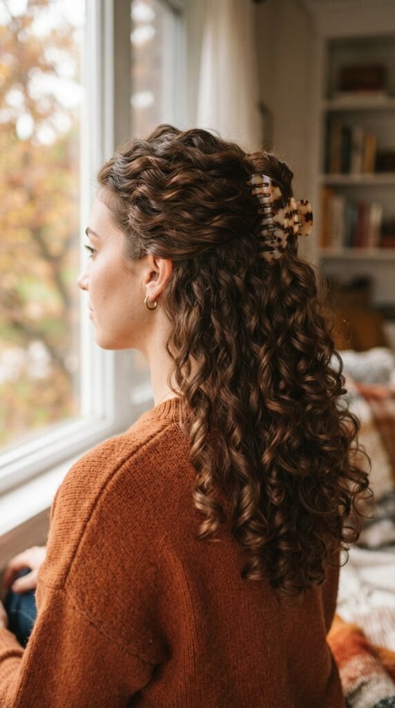 Warm Chocolate Curly Half-Up Claw Clip Fall Hairstyles for Long Hair 2026 Hairstyle