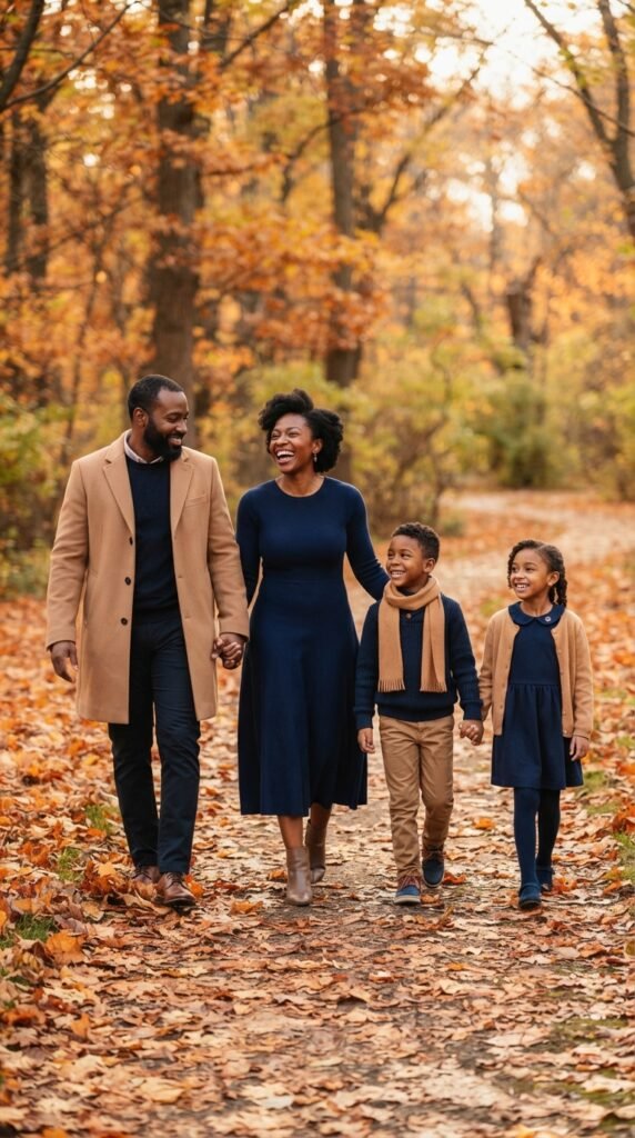 Royal Navy and Camel Coat Family Photo Outfits Fall Color Scheme