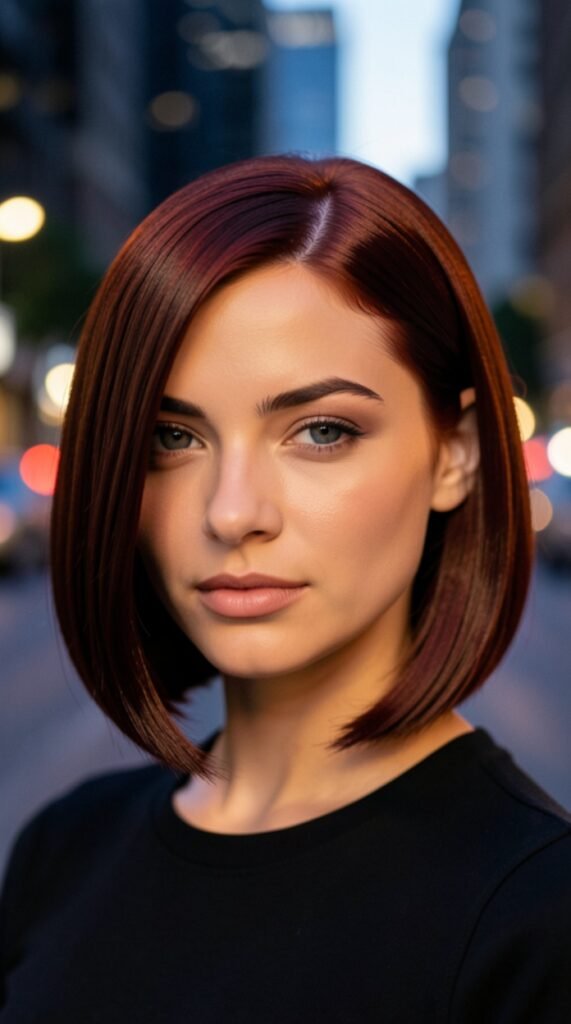 Mahogany Sleek Slicked-Back Lob Fall Hairstyles for Short Hair 2026 Hairstyle