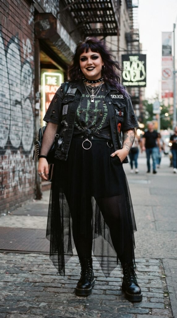 Distressed Oversized Band Tee & Mesh Skirt Chubby Goth Outfit Ideas