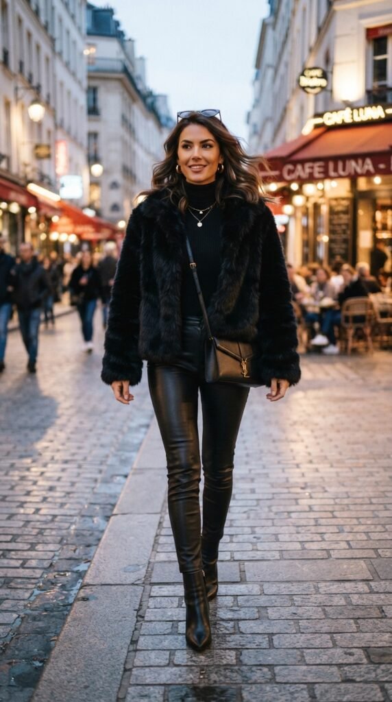 All-Black Glamour Faux Fur Jacket Outfit with Leather Pants