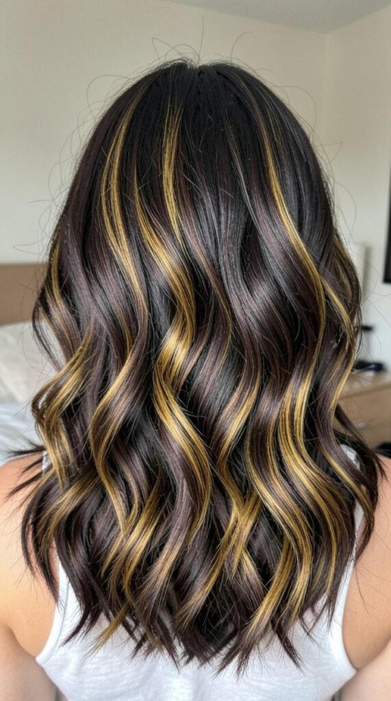 Deep Espresso & Golden Honey Hair Lowlights Color Ideas