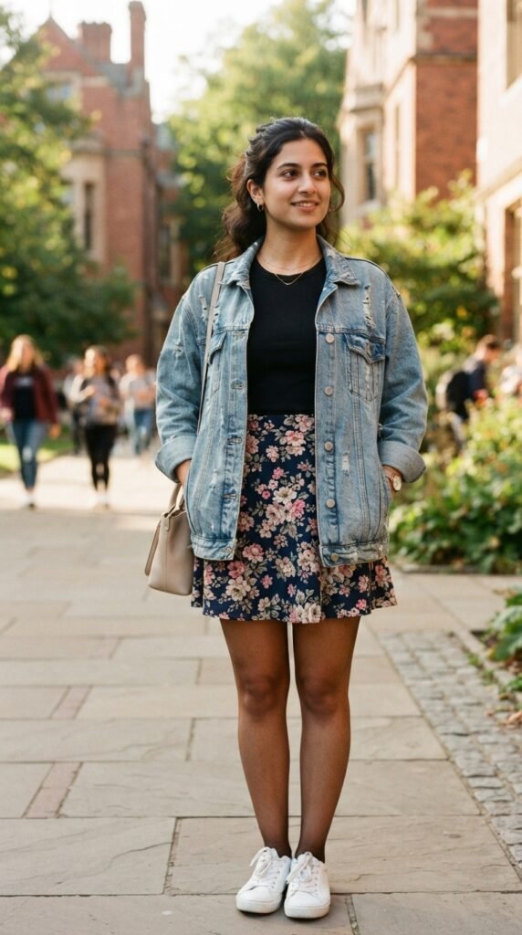 Printed A-Line Mini Skirt and Oversized Denim Jacket College Outfit