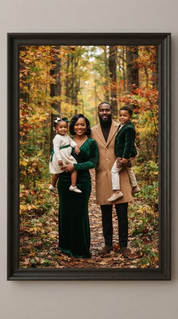 Emerald Green and Warm Gold Family Photo Outfits Fall Color Scheme