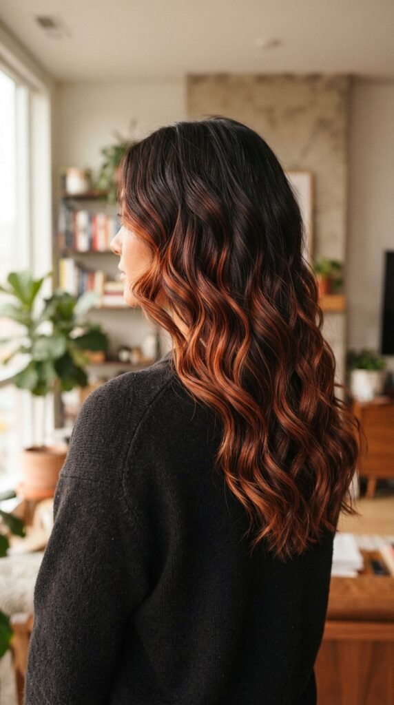 Chocolate Copper Sunburst Balayage Hairstyle