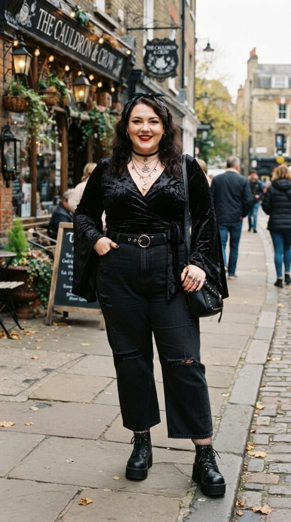 Velvet Bell-Sleeve Wrap Top & High-Waisted Jeans Chubby Goth Outfit Ideas