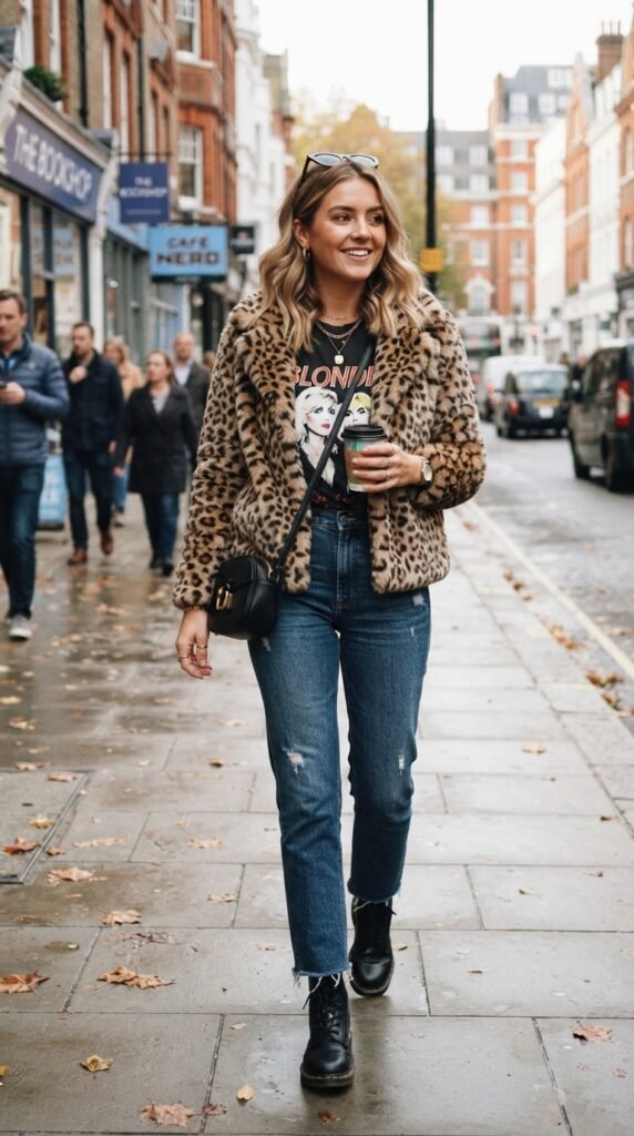 Leopard Print Faux Fur Jacket Outfit with Graphic Tee