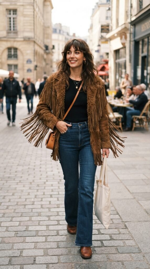 Vintage Brown Fringe Shaggy Jacket Outfit Ideas Stylish Looks Hairstyle