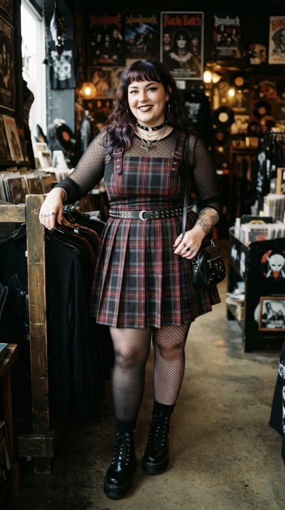 Plaid Pleated Pinafore & Mesh Top Chubby Goth Outfit Ideas