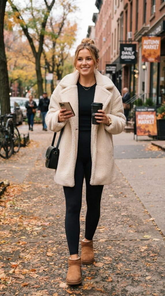 Oversized Teddy Faux Fur Jacket Outfit with Leggings & Uggs