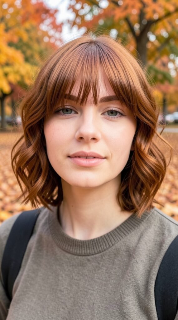 Chestnut Waves with Curtain Bangs Fall Hairstyles for Short Hair 2026 Hairstyle