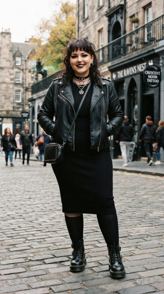 Edgy Faux Leather Jacket & Bodycon Dress Chubby Goth Outfit Ideas