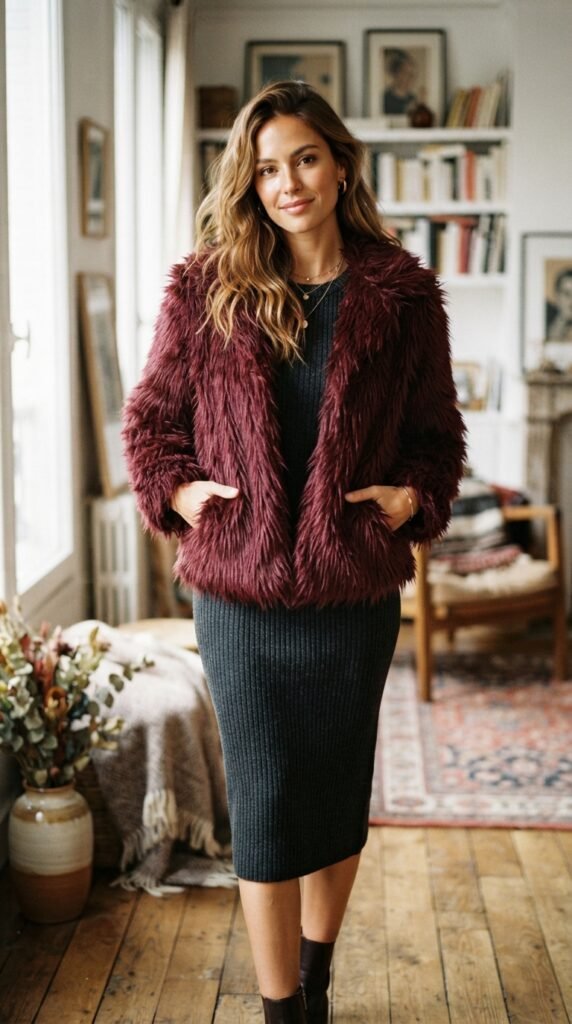 Rich Burgundy Wine Shaggy Jacket Outfit Ideas Stylish Looks Hairstyle