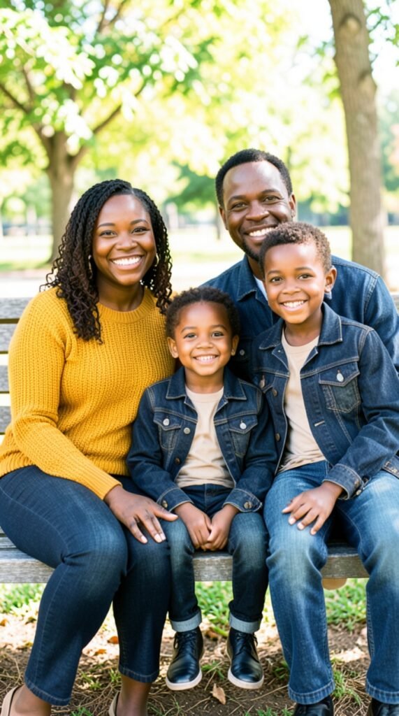 Mustard Yellow and Dark Denim Family Photo Outfits Fall Color Scheme