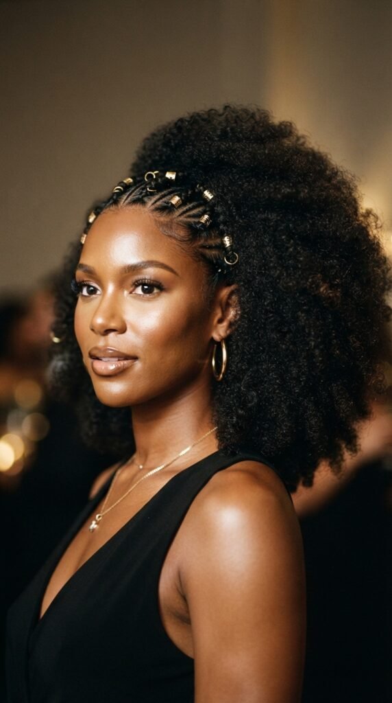 Side-Swept Afro Hairstyle with Gold Hair Cuffs