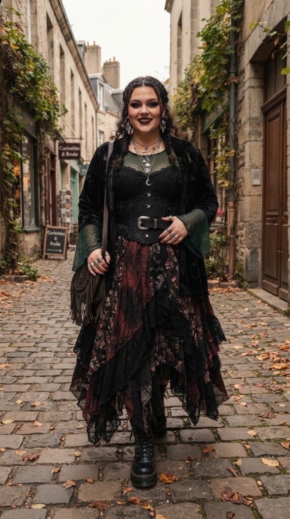 Whimsigoth Layered Maxi Skirt & Corset Top Chubby Goth Outfit Ideas