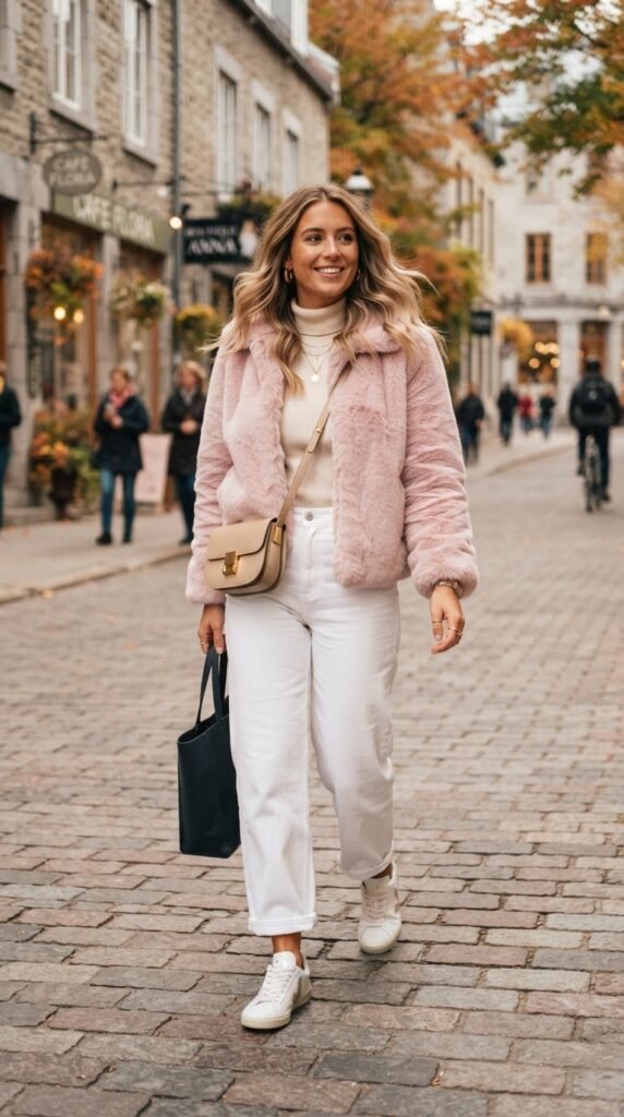 Pastel Pink Faux Fur Jacket Outfit with White Trousers