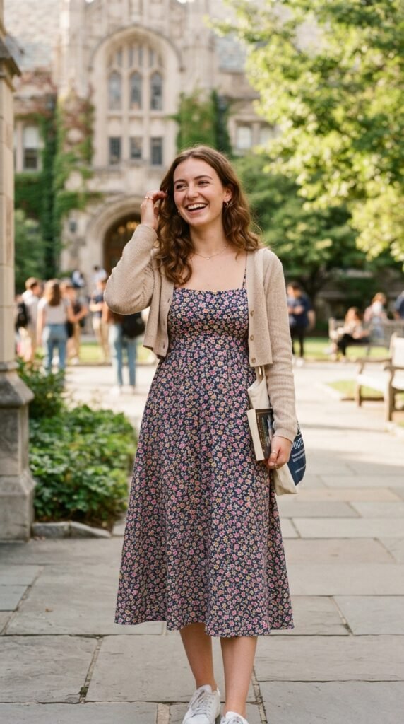 Empire Waist Sundress and Cropped Cardigan College Outfit