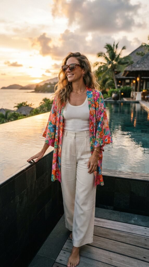 Lightweight Kimono with Tank Top and Wide-Leg Pants