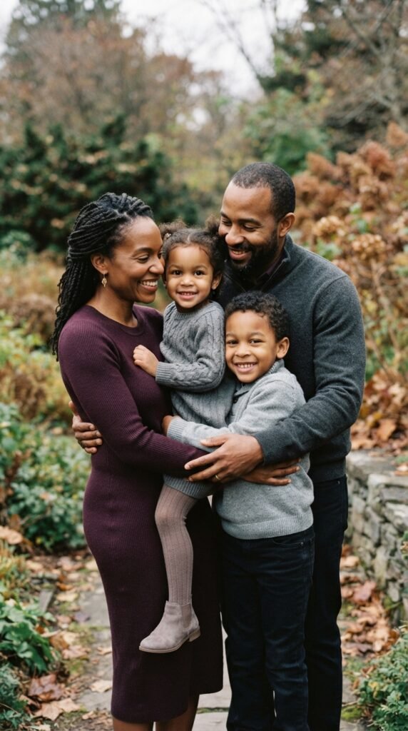 Plum Purple and Soft Grey Family Photo Outfits Fall Color Scheme