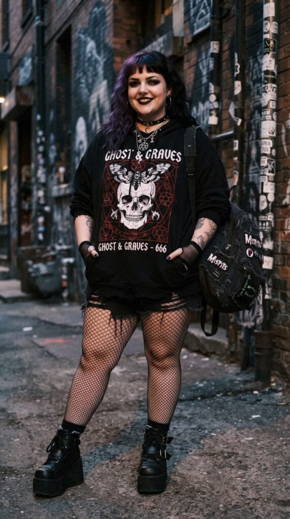 Oversized Graphic Hoodie & Fishnets Chubby Goth Outfit Ideas
