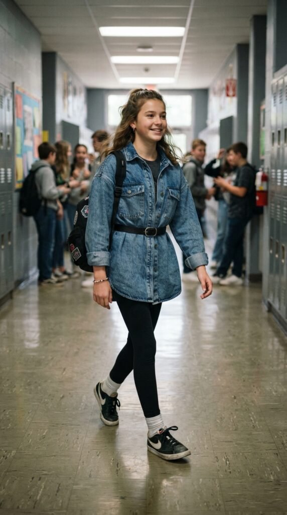 The Belted Denim Shacket and Leggings Back to School Outfit