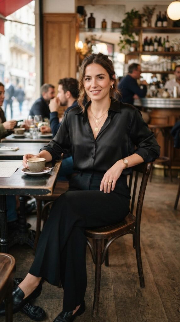 Black Satin Shirt and Wide-Leg Pants Outfit