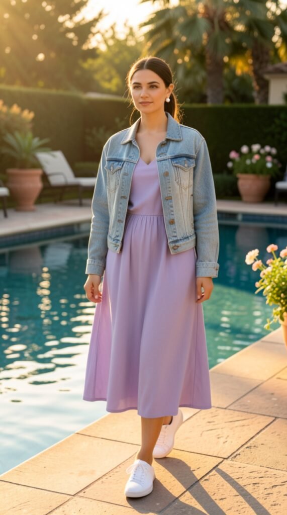 Pastel Midi Dress with Denim Jacket