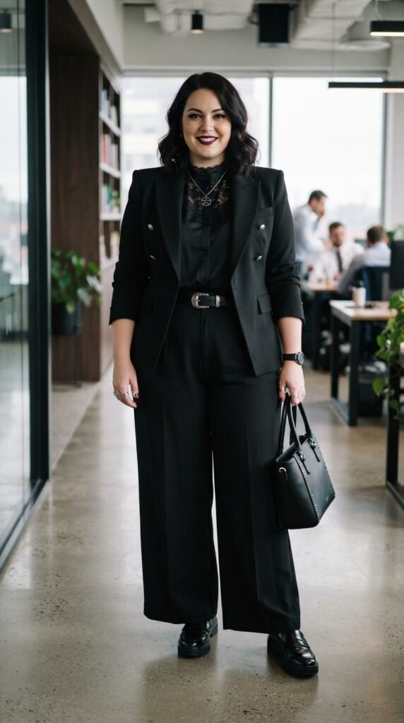 Corporate Goth Tailored Blazer & Wide-Leg Trousers Chubby Goth Outfit Ideas