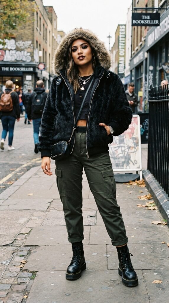 Edgy Hooded Faux Fur Jacket Outfit with Cargo Pants
